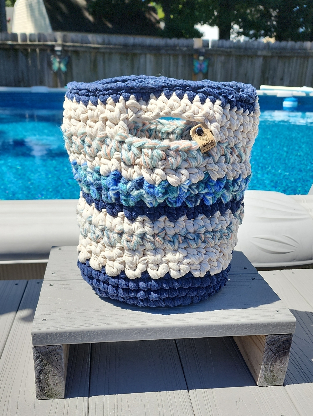 Handmade Nautical Blue & Cream Crochet Storage Basket - Or Tote